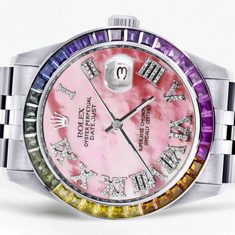 Diamond Gold Rolex Watch For Men 16200 | 36Mm | Rainbow Sapphire Bezel | Pink Mother Of Pearl Roman Numeral Dial | Jubilee Band