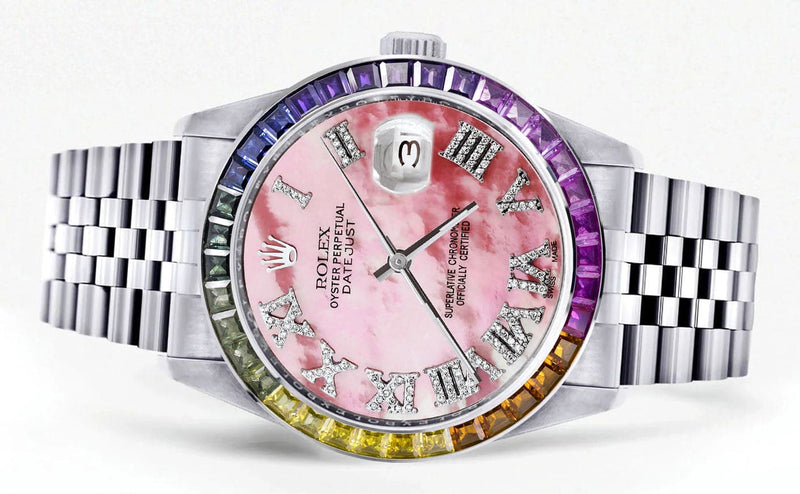 Diamond Gold Rolex Watch For Men 16200 | 36Mm | Rainbow Sapphire Bezel | Pink Mother Of Pearl Roman Numeral Dial | Jubilee Band