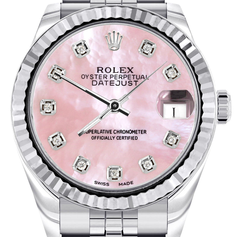Diamond Rolex Watch | 68274 | Fluted Bezel | 31MM | Pink Mother of Pearl Diamond Dial | Jubilee Band