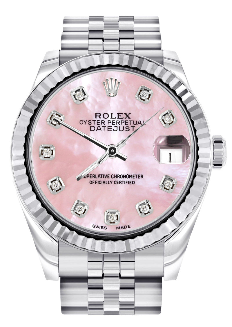 Diamond Rolex Watch | 68274 | Fluted Bezel | 31MM | Pink Mother of Pearl Diamond Dial | Jubilee Band