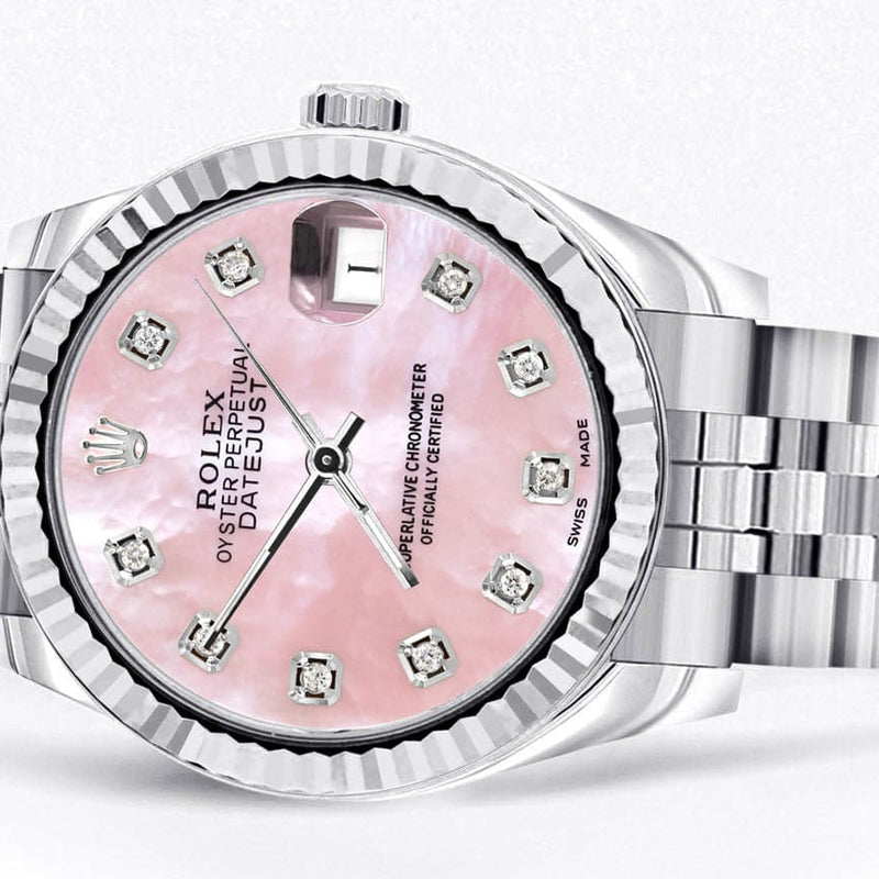 Diamond Rolex Watch | 68274 | Fluted Bezel | 31MM | Pink Mother of Pearl Diamond Dial | Jubilee Band