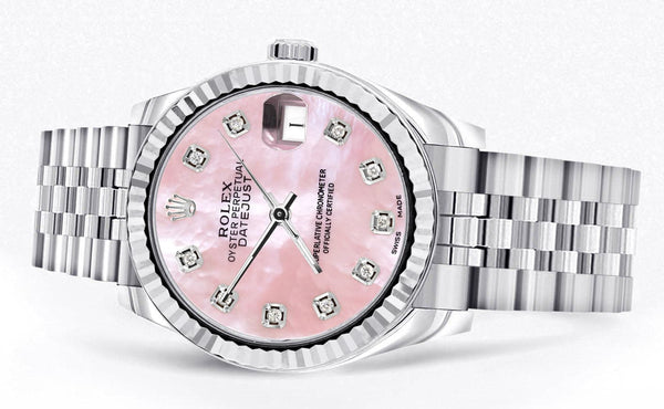 Diamond Rolex Watch | 68274 | Fluted Bezel | 31MM | Pink Mother of Pearl Diamond Dial | Jubilee Band