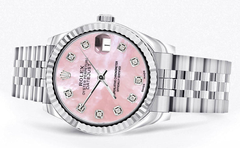 Diamond Rolex Watch | 68274 | Fluted Bezel | 31MM | Pink Mother of Pearl Diamond Dial | Jubilee Band