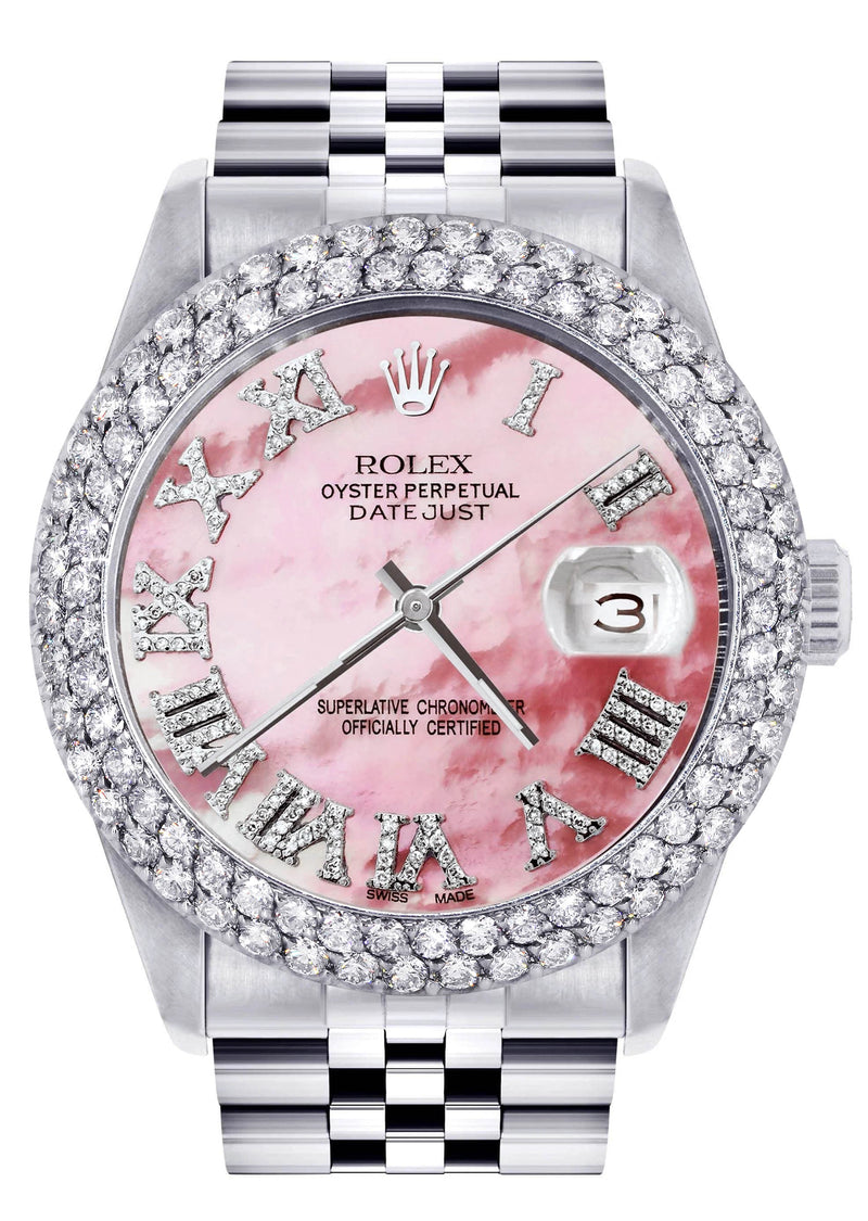 Mens Rolex Datejust Watch 16200 | 36Mm | Rose Mother of Pearl Roman Numeral Dial | Two Row 4.25 Carat Bezel | Jubilee Band