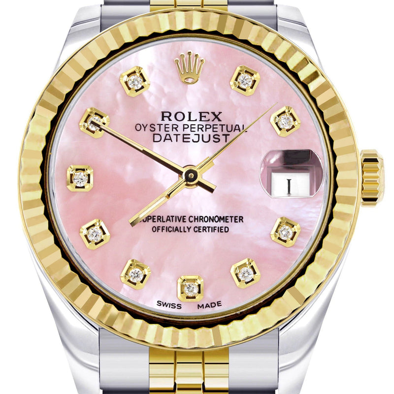 Diamond Gold Rolex Watch | 68273 | Fluted Bezel | 31MM | Pink Mother of Pearl Diamond Dial | Jubilee Band