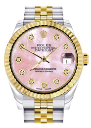 Diamond Gold Rolex Watch | 68273 | Fluted Bezel | 31MM | Pink Mother of Pearl Diamond Dial | Jubilee Band