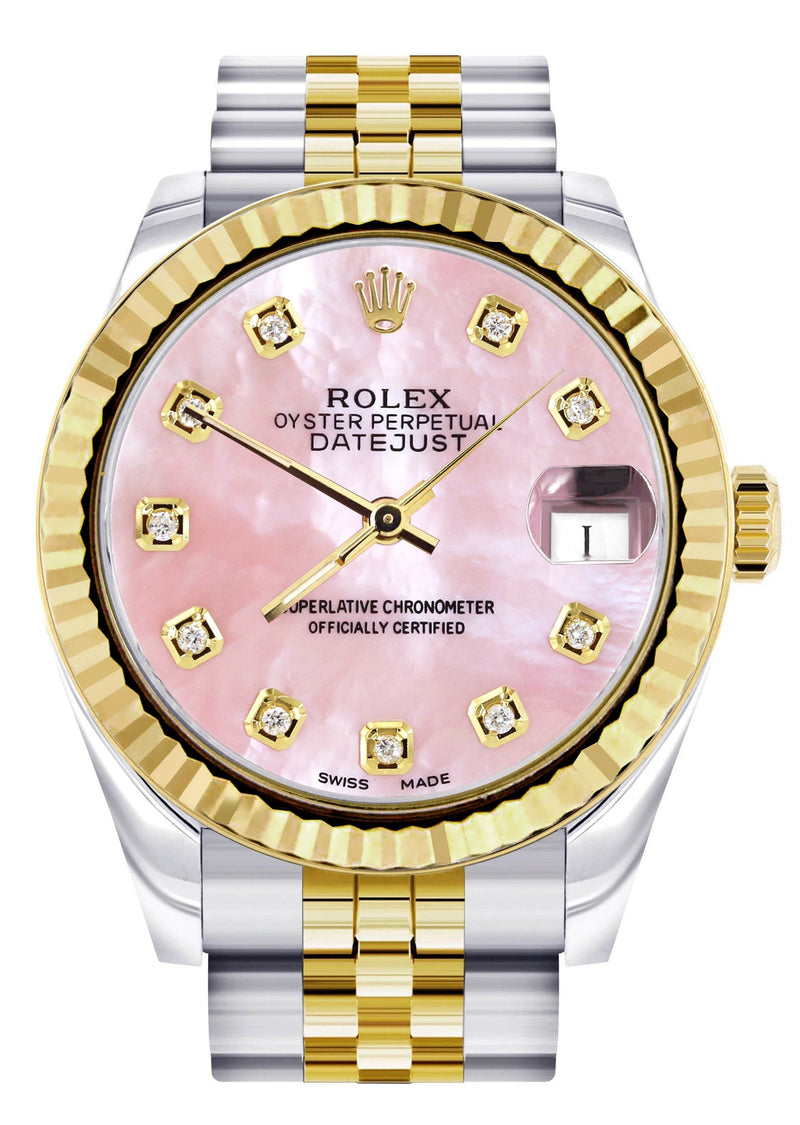 Diamond Gold Rolex Watch | 68273 | Fluted Bezel | 31MM | Pink Mother of Pearl Diamond Dial | Jubilee Band