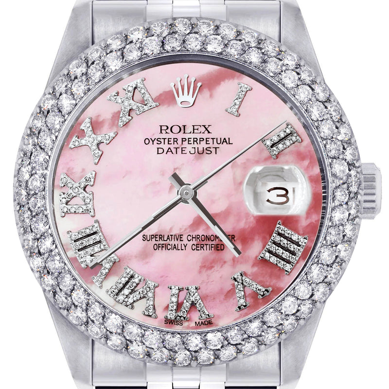 Womens Rolex Datejust Watch 16200 | 36Mm | Rose Mother of Pearl Roman Numeral Dial | Two Row 4.25 Carat Bezel | Jubilee Band