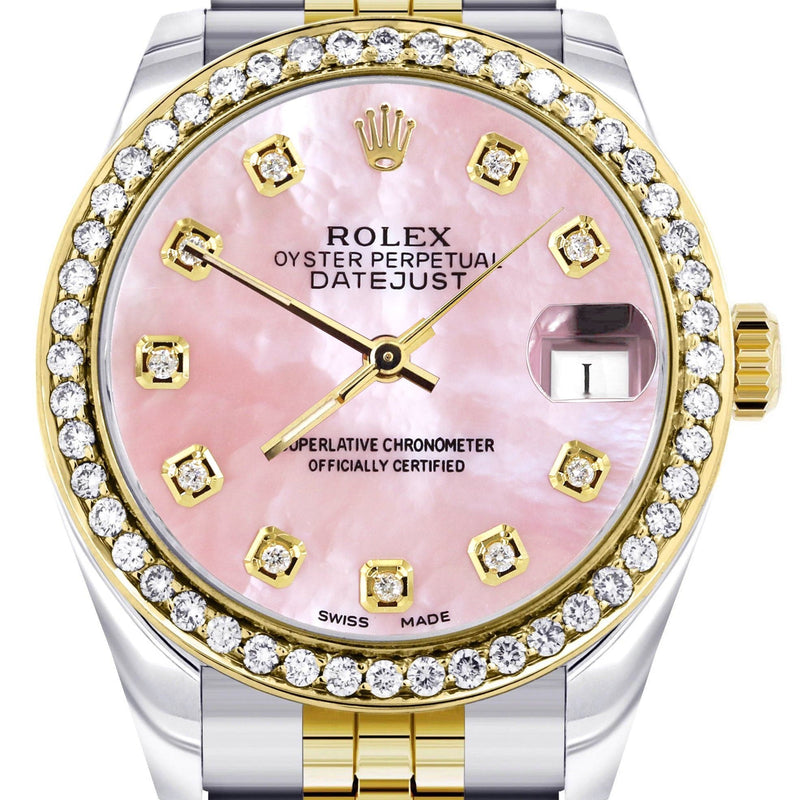 Diamond Gold Rolex Watch | 68273 | Diamond Bezel | 31MM | Pink Mother Of Pearl Dial | Jubilee Band