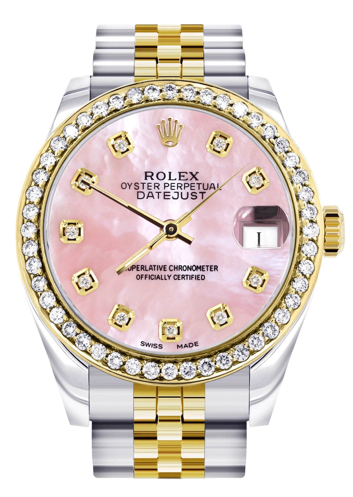 Diamond Gold Rolex Watch | 68273 | Diamond Bezel | 31MM | Pink Mother Of Pearl Dial | Jubilee Band