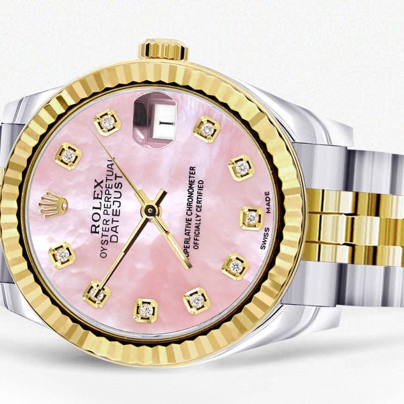 Diamond Gold Rolex Watch | 68273 | Fluted Bezel | 31MM | Pink Mother of Pearl Diamond Dial | Jubilee Band