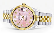 Diamond Gold Rolex Watch | 68273 | Fluted Bezel | 31MM | Pink Mother of Pearl Diamond Dial | Jubilee Band