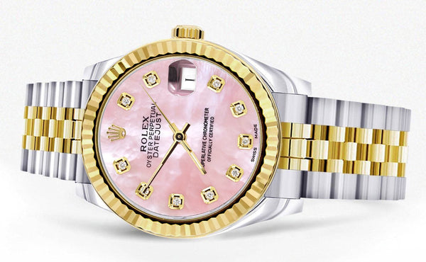 Diamond Gold Rolex Watch | 68273 | Fluted Bezel | 31MM | Pink Mother of Pearl Diamond Dial | Jubilee Band