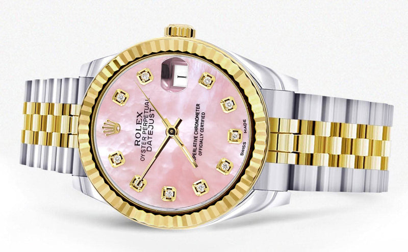 Diamond Gold Rolex Watch | 68273 | Fluted Bezel | 31MM | Pink Mother of Pearl Diamond Dial | Jubilee Band