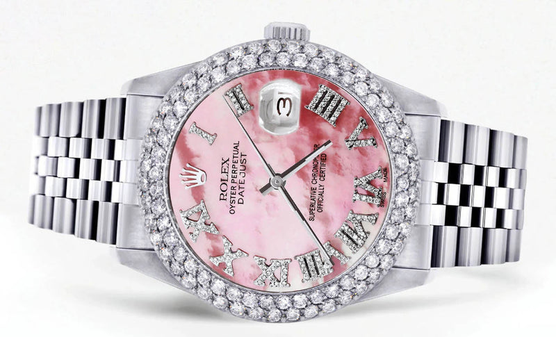 Mens Rolex Datejust Watch 16200 | 36Mm | Rose Mother of Pearl Roman Numeral Dial | Two Row 4.25 Carat Bezel | Jubilee Band