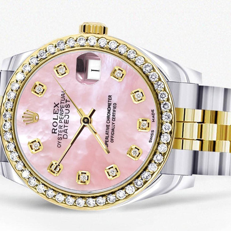 Diamond Gold Rolex Watch | 68273 | Diamond Bezel | 31MM | Pink Mother Of Pearl Dial | Jubilee Band