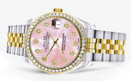Diamond Gold Rolex Watch | 68273 | Diamond Bezel | 31MM | Pink Mother Of Pearl Dial | Jubilee Band
