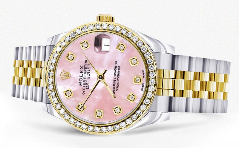 Diamond Gold Rolex Watch | 68273 | Diamond Bezel | 31MM | Pink Mother Of Pearl Dial | Jubilee Band