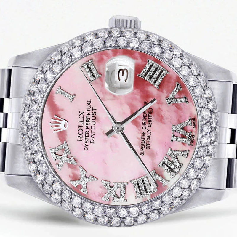 Womens Rolex Datejust Watch 16200 | 36Mm | Rose Mother of Pearl Roman Numeral Dial | Two Row 4.25 Carat Bezel | Jubilee Band