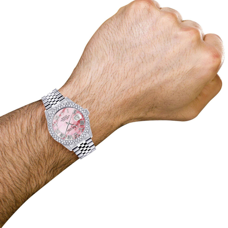 Mens Rolex Datejust Watch 16200 | 36Mm | Rose Mother of Pearl Roman Numeral Dial | Two Row 4.25 Carat Bezel | Jubilee Band