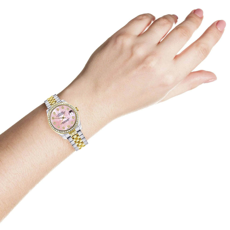 Diamond Gold Rolex Watch | 68273 | Diamond Bezel | 31MM | Pink Mother Of Pearl Dial | Jubilee Band