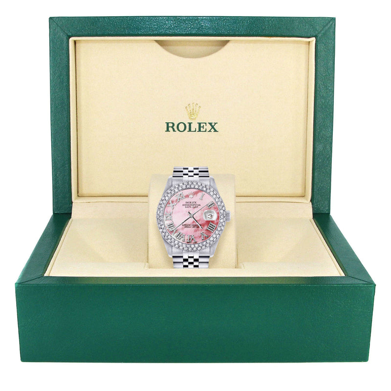 Womens Rolex Datejust Watch 16200 | 36Mm | Rose Mother of Pearl Roman Numeral Dial | Two Row 4.25 Carat Bezel | Jubilee Band