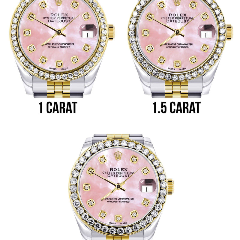 Diamond Gold Rolex Watch | 68273 | Diamond Bezel | 31MM | Pink Mother Of Pearl Dial | Jubilee Band