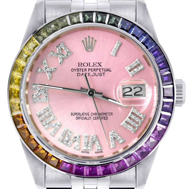 Diamond Gold Rolex Watch For Men 16200 | 36Mm | Rainbow Sapphire Bezel | Pink Roman Numeral Dial | Jubilee Band