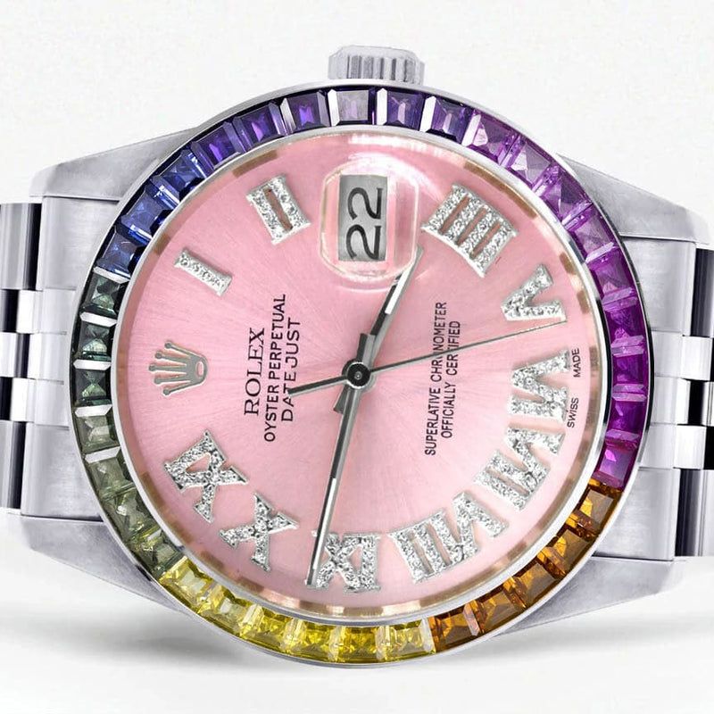 Diamond Gold Rolex Watch For Men 16200 | 36Mm | Rainbow Sapphire Bezel | Pink Roman Numeral Dial | Jubilee Band