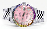 Diamond Gold Rolex Watch For Men 16200 | 36Mm | Rainbow Sapphire Bezel | Pink Roman Numeral Dial | Jubilee Band