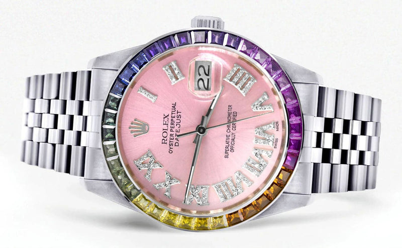 Diamond Gold Rolex Watch For Men 16200 | 36Mm | Rainbow Sapphire Bezel | Pink Roman Numeral Dial | Jubilee Band