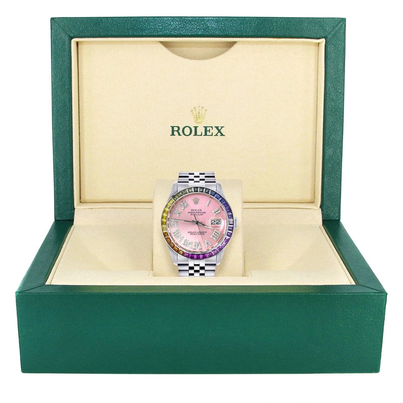 Diamond Gold Rolex Watch For Men 16200 | 36Mm | Rainbow Sapphire Bezel | Pink Roman Numeral Dial | Jubilee Band