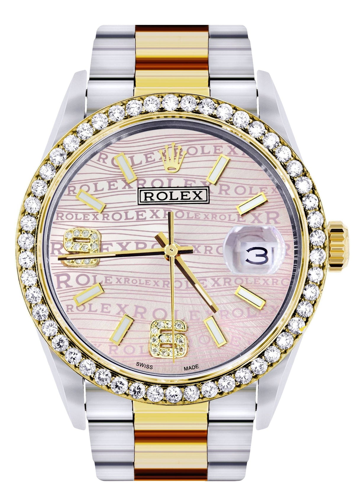 Gold & Steel Rolex Datejust Watch 16233 for Men | 36Mm | Custom Diamond Pink Dial | Oyster Band
