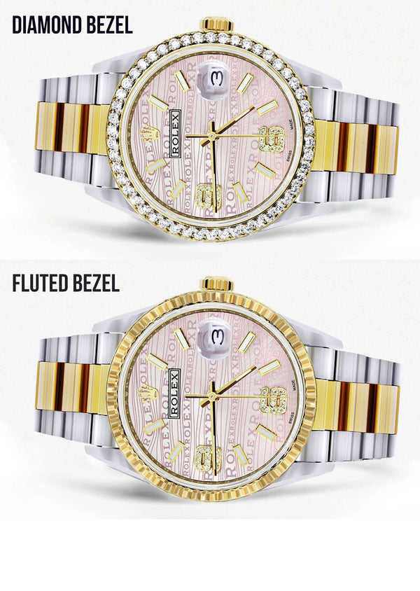 Gold & Steel Rolex Datejust Watch 16233 for Men | 36Mm | Custom Diamond Pink Dial | Oyster Band