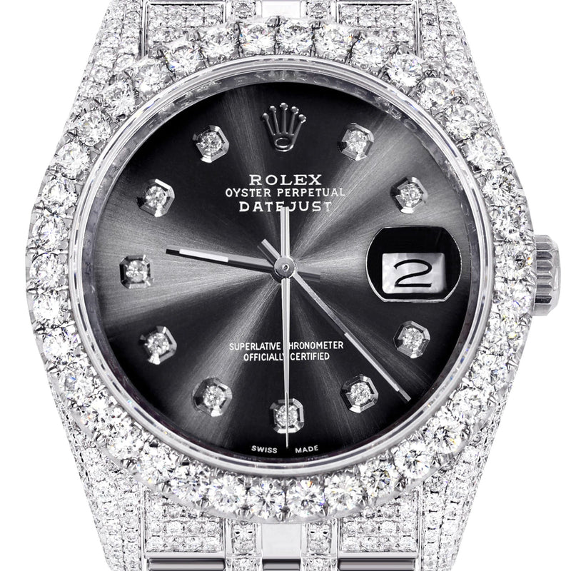 Iced Out Rolex Datejust 36 MM | Stainless Steel | 16.5 Carats of Diamonds | Jet Black Diamond Dial | Jubilee Band | Model 116200
