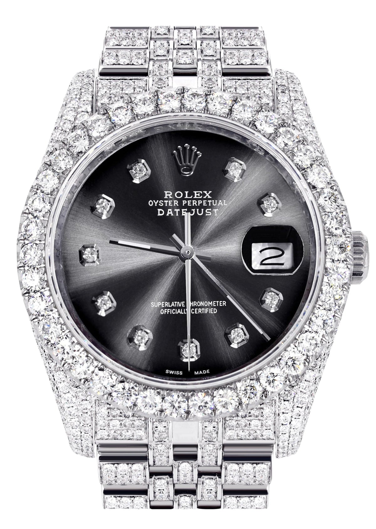 Iced Out Rolex Datejust 36 MM | Stainless Steel | 16.5 Carats of Diamonds | Jet Black Diamond Dial | Jubilee Band | Model 116200