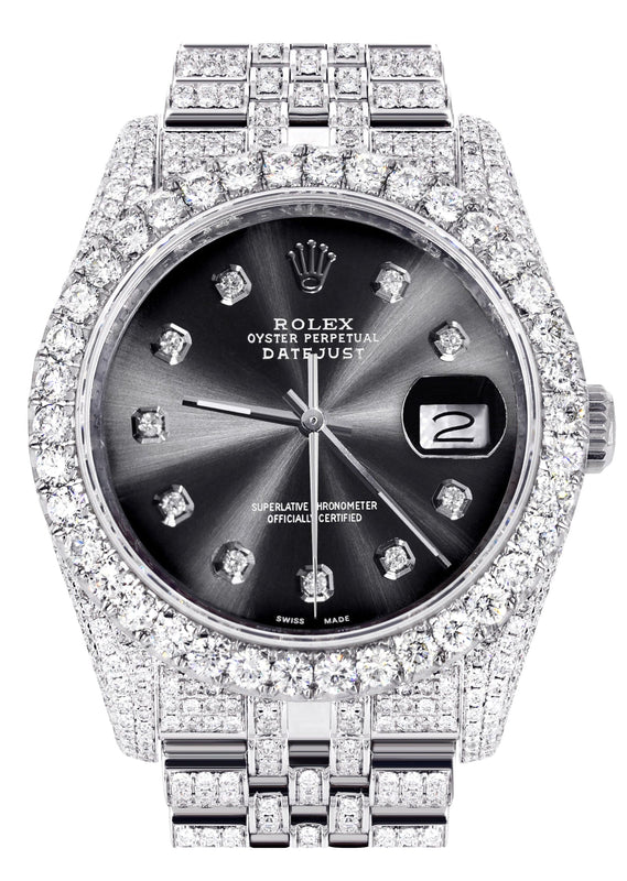 Iced Out Rolex Datejust 36 MM | Stainless Steel | 16.5 Carats of Diamonds | Jet Black Diamond Dial | Jubilee Band | Model 116200