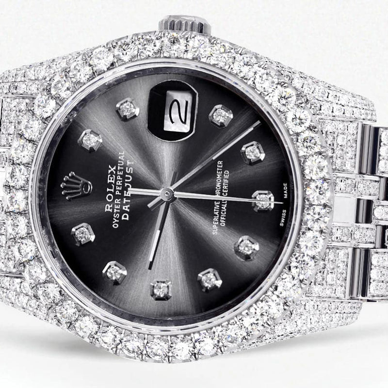 Iced Out Rolex Datejust 36 MM | Stainless Steel | 16.5 Carats of Diamonds | Jet Black Diamond Dial | Jubilee Band | Model 116200