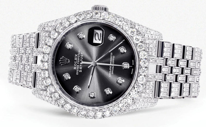 Iced Out Rolex Datejust 36 MM | Stainless Steel | 16.5 Carats of Diamonds | Jet Black Diamond Dial | Jubilee Band | Model 116200