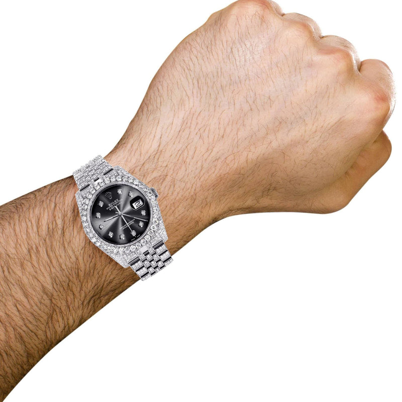 Iced Out Rolex Datejust 36 MM | Stainless Steel | 16.5 Carats of Diamonds | Jet Black Diamond Dial | Jubilee Band | Model 116200