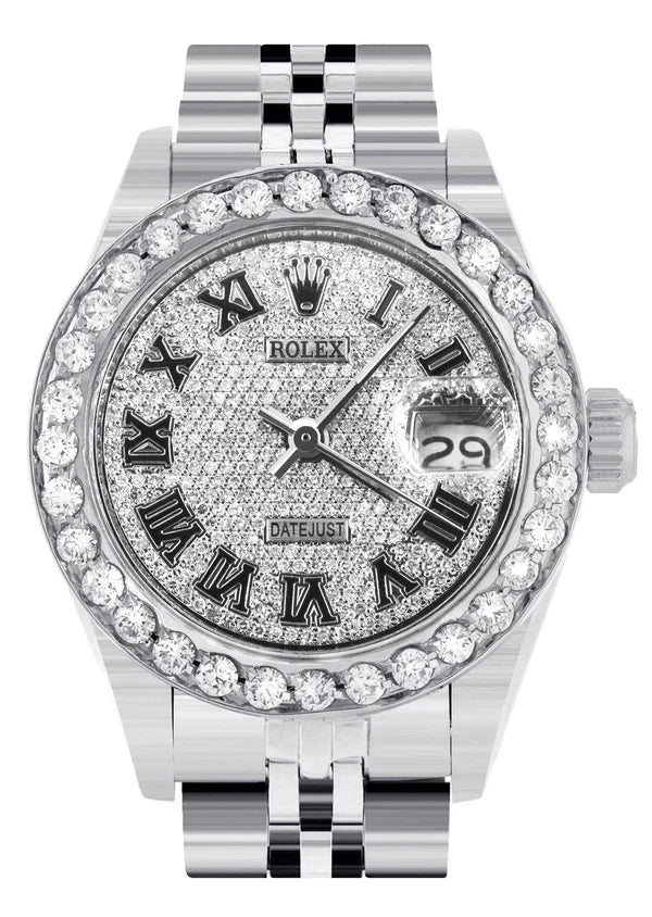 Diamond Rolex Datejust Watch for Women | 1 Carat Bezel | 26MM | Diamond Roman Numeral Dial | Jubilee Band
