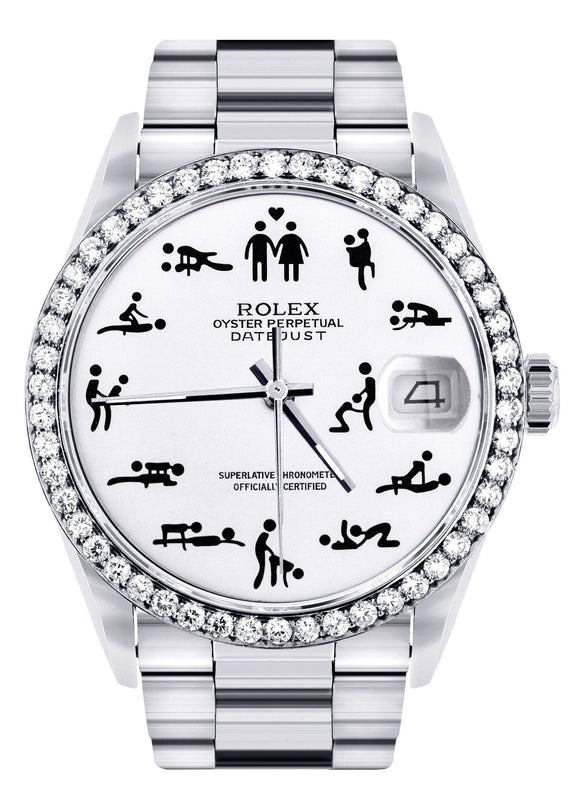 Diamond Mens Rolex Datejust Watch 16200 | 36Mm | Custom Erotic Dial | Oyster Band