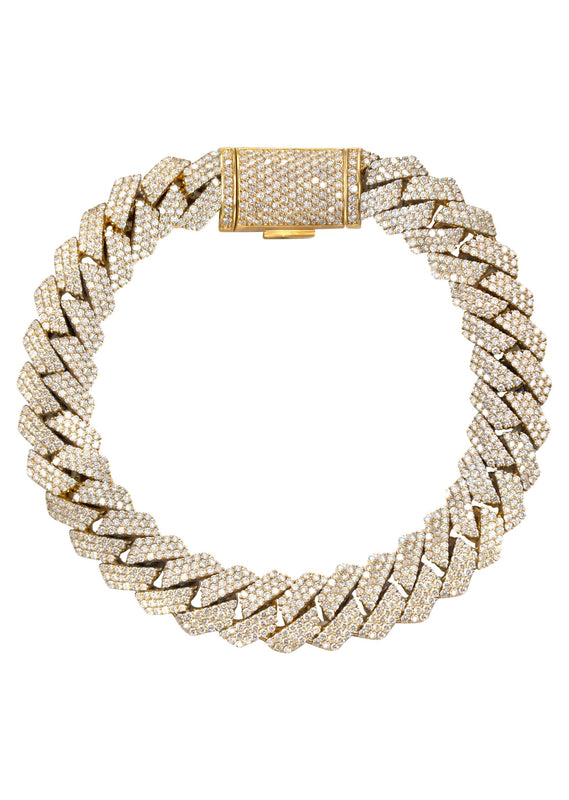 Iced Out Lab Grown VVS Diamond Prong Cuban Link Yellow Gold Bracelet 10K/14K