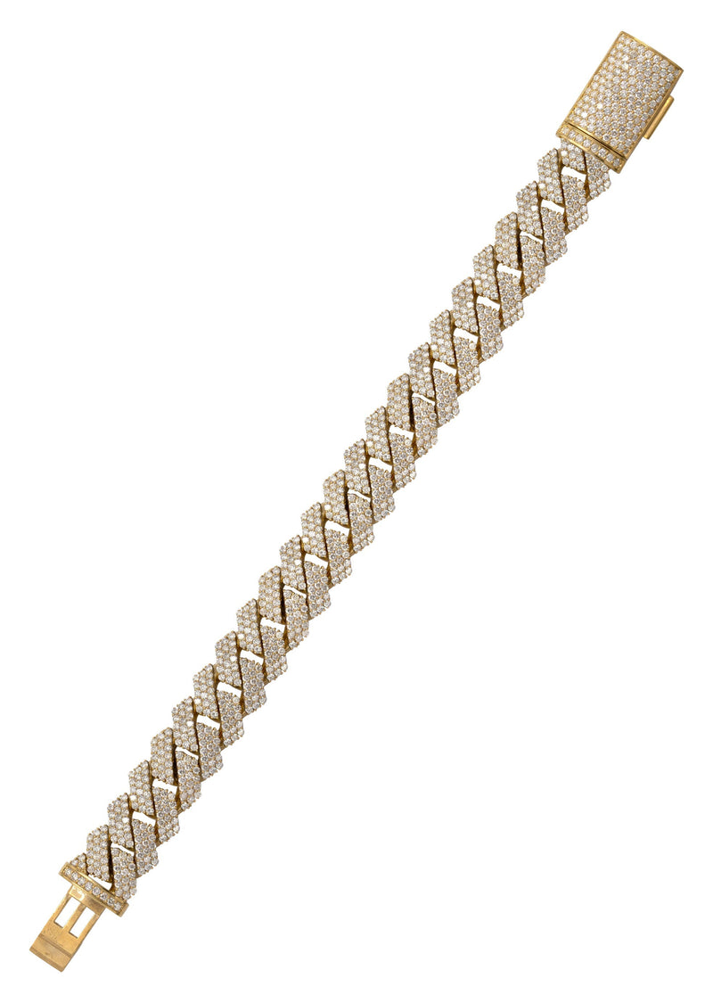 Iced Out Lab Grown VVS Diamond Prong Cuban Link Yellow Gold Bracelet 10K/14K