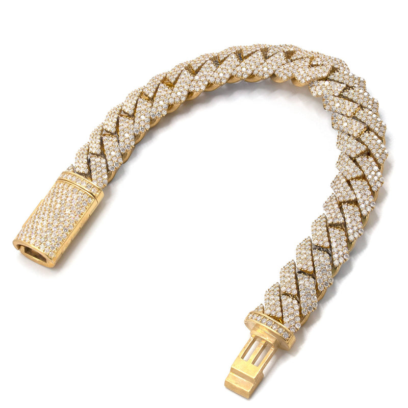 Iced Out Diamond Prong Cuban Link Yellow Gold Bracelet 10K/14K