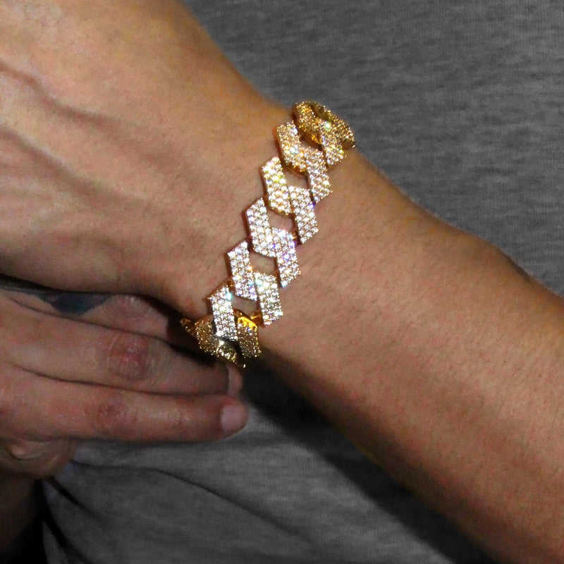 Iced Out Gold Plated Mens Prong Set Cuban Link Bracelet