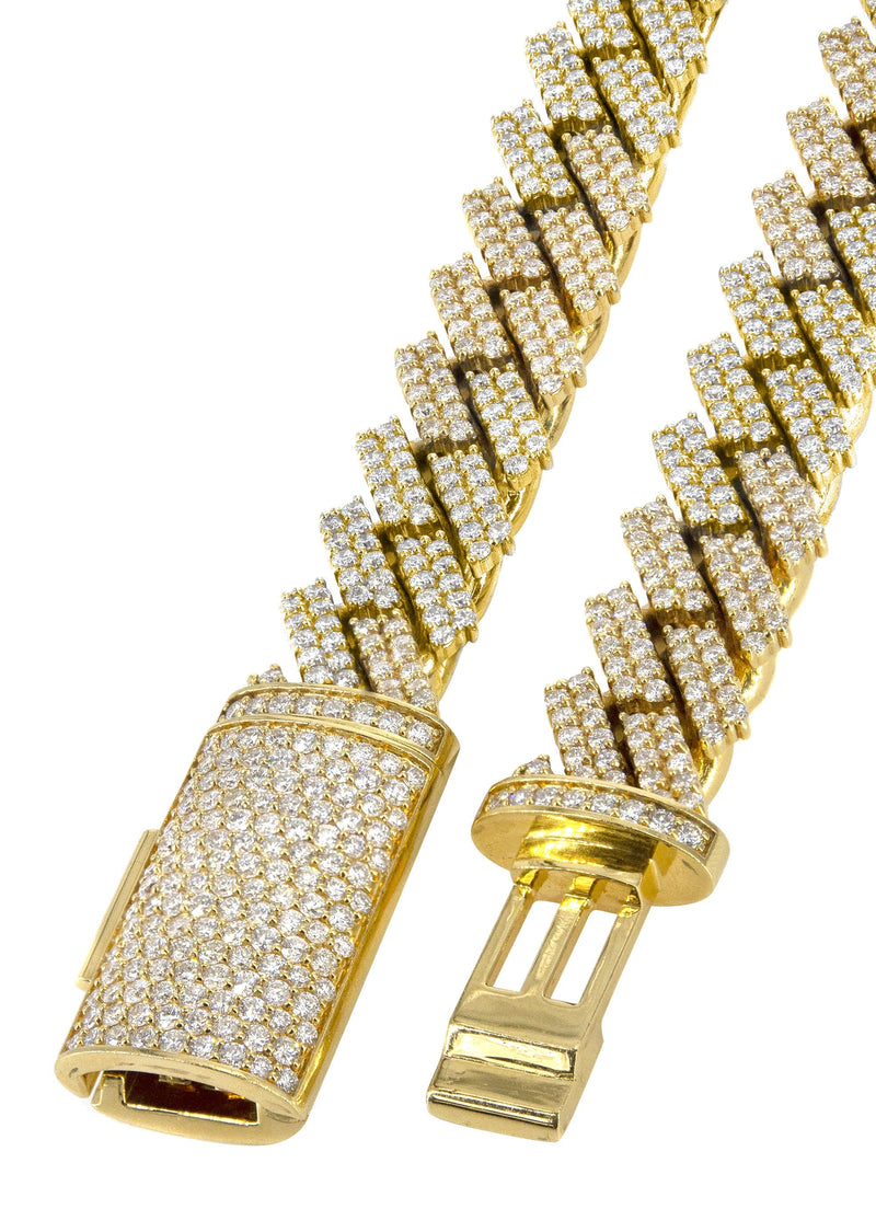 Iced Out Diamond Prong Cuban Link Yellow Gold Chain 10K/14K