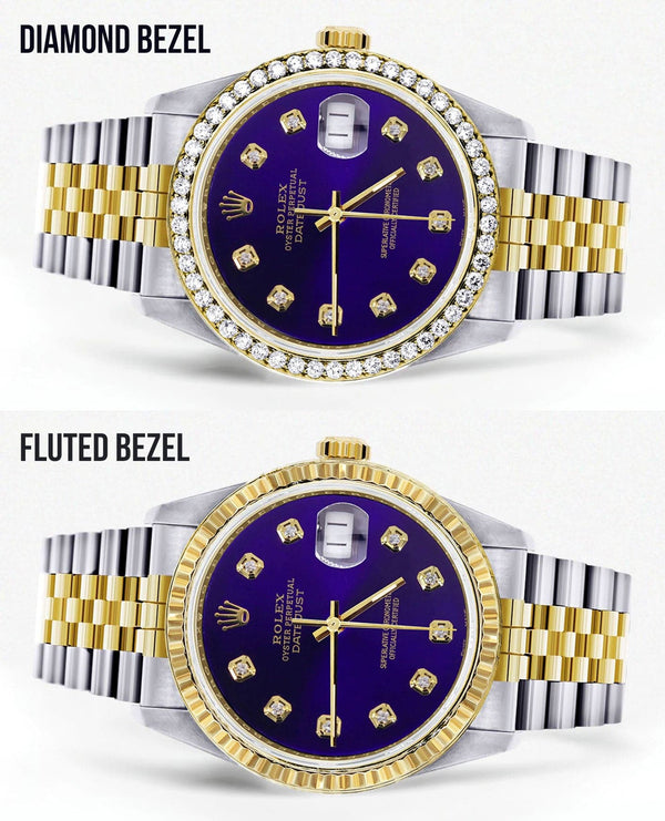 Diamond Gold Rolex Watch For Men 16233 | 36Mm | Royal Blue Dial | Jubilee Band