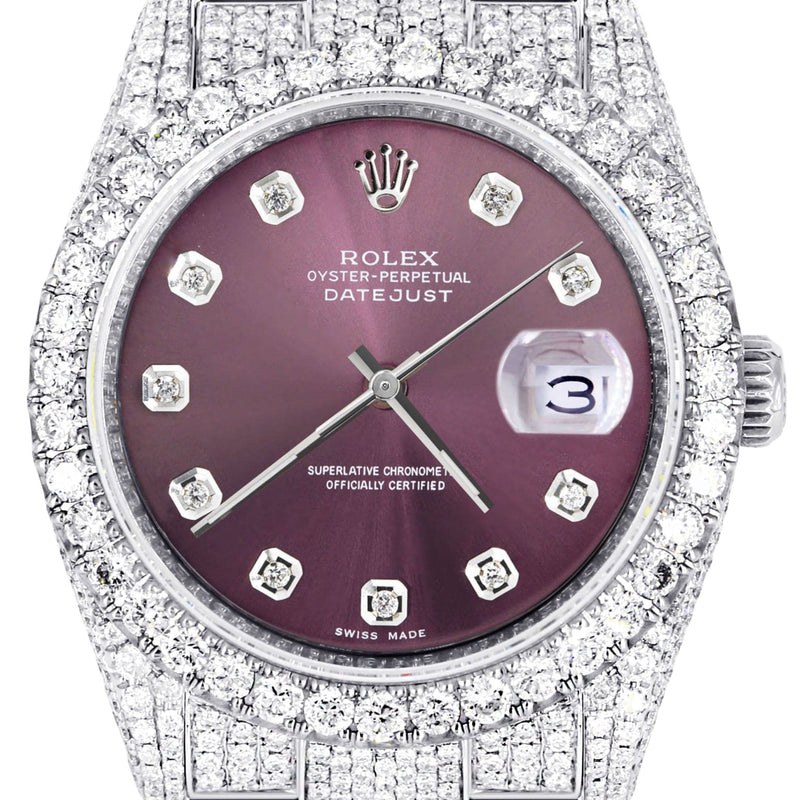 Iced Out Rolex Datejust 36 MM | Stainless Steel | 16.5 Carats of Diamonds | Purple Diamond Dial | Oyster Band | Model 116200