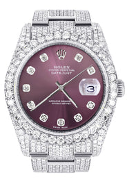 Iced Out Rolex Datejust 36 MM | Stainless Steel | 16.5 Carats of Diamonds | Purple Diamond Dial | Oyster Band | Model 116200